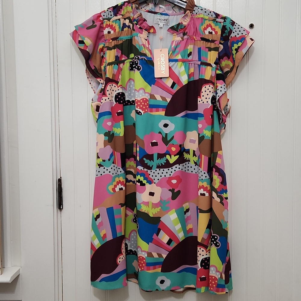 Crosby. Multicolor Floral & Stripe Print Dress - Pink, Blue, Green XL